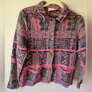 VTG Chico’s Design Tribal Tapestry Jacket Pink Black Boho Size 2 (Large)